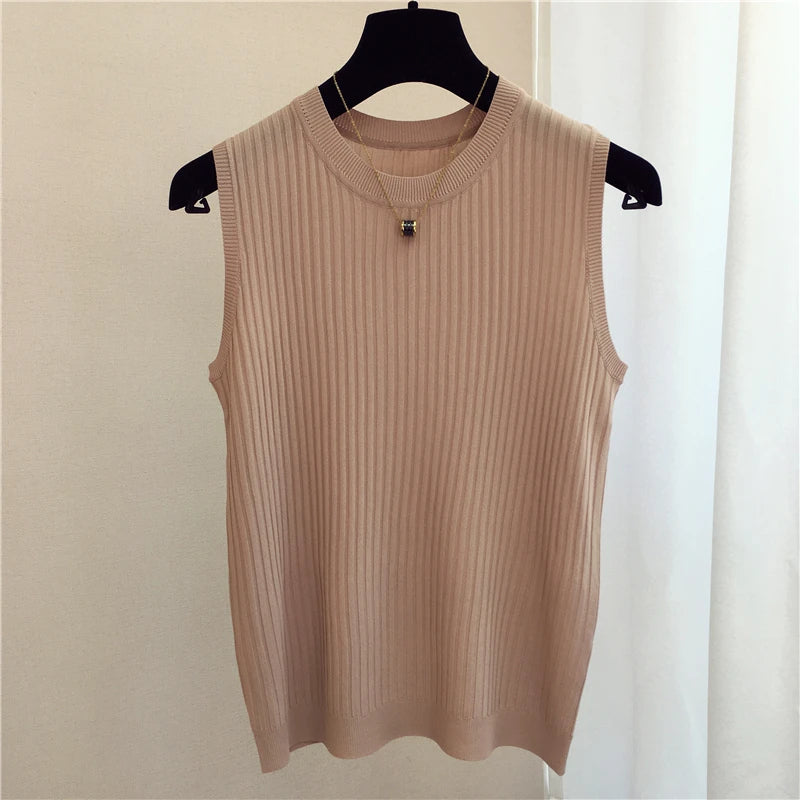 Summer Spring Tanks Top Women Sleeveless Knitted T-Shirts Female Elastic Slim Casual Vests Crop Tops Camis Pullover Shirts