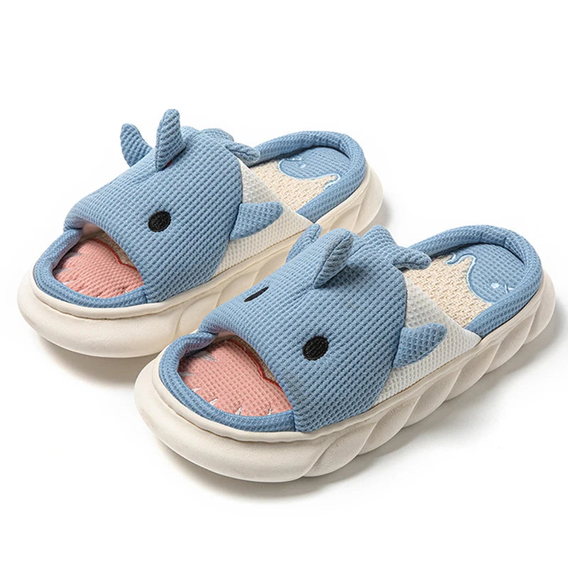 Cute Cartoon Shark Linen Slippers Women 2024 Winter Thick Bottom Home Cotton Slippers Woman Non Slip Indoor Couple Shoes Slides