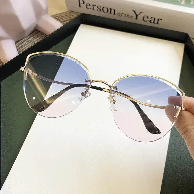 Brand Rimless Sunglasses Women Luxury Cat Eye Sun Glasses Ladies Clear Gradient Sunglass 2024 Diamond Cutting Lenes UV400