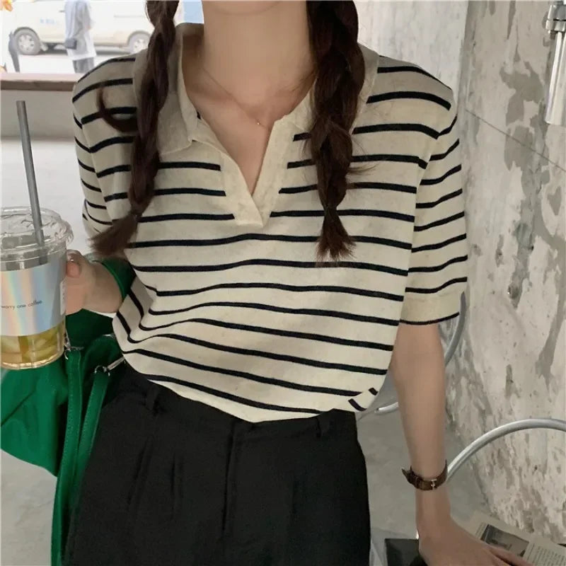 Summer Striped T-Shirt Women Knitted Shirts Pullover Tops Short Sleeve Crop Tops Female Elastic Casual Knit Tee Women's T-Shirts