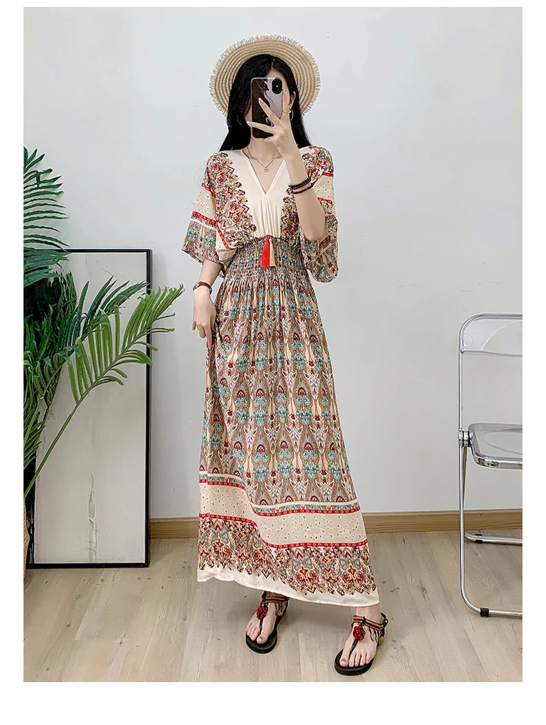 Print Floral Short Sleeve Maxi Dress Women Dresses Summer Spring V-neck Fashion Female Vintage Poplin Bohemian Beach Dresses