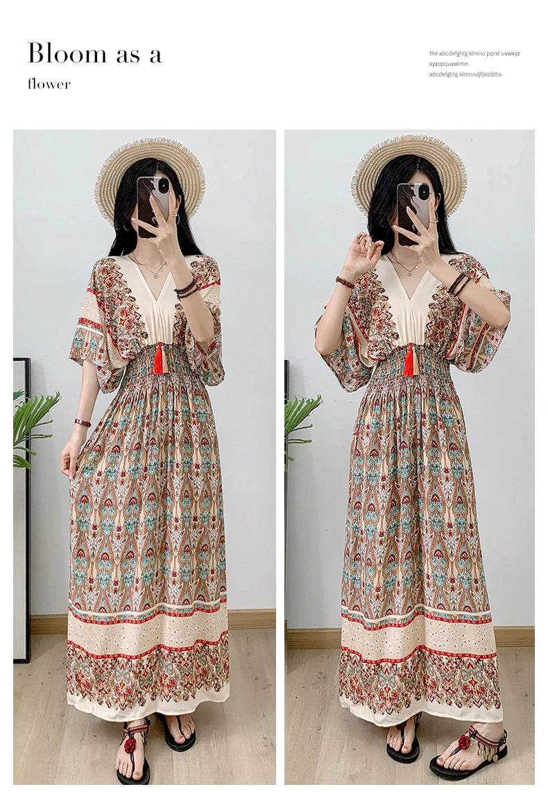 Print Floral Short Sleeve Maxi Dress Women Dresses Summer Spring V-neck Fashion Female Vintage Poplin Bohemian Beach Dresses