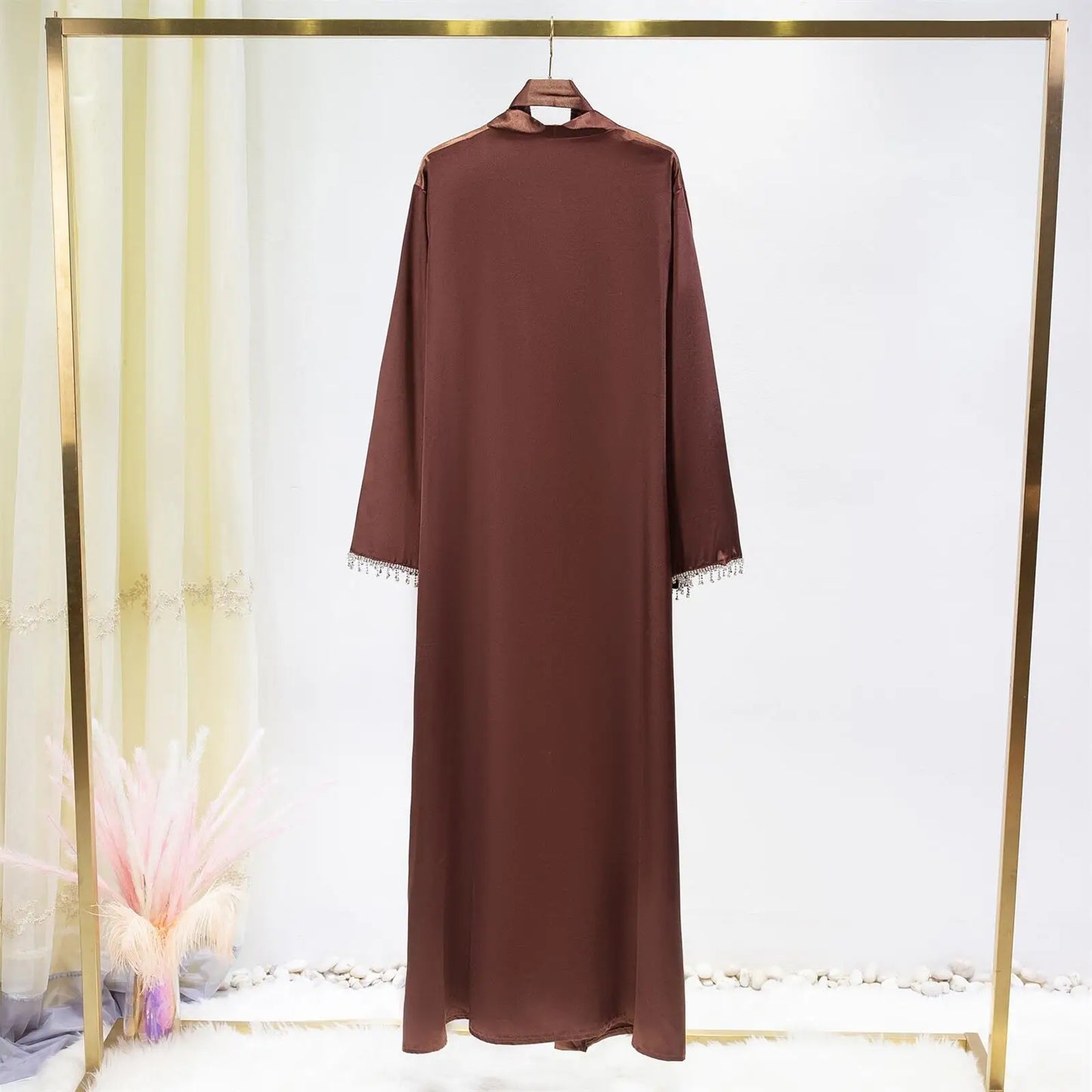 1pc Satin Long Robe Wrap With Delicate Crystal Decorated Sleeves, Enhancing Your Look And Perfect For Any Occasion