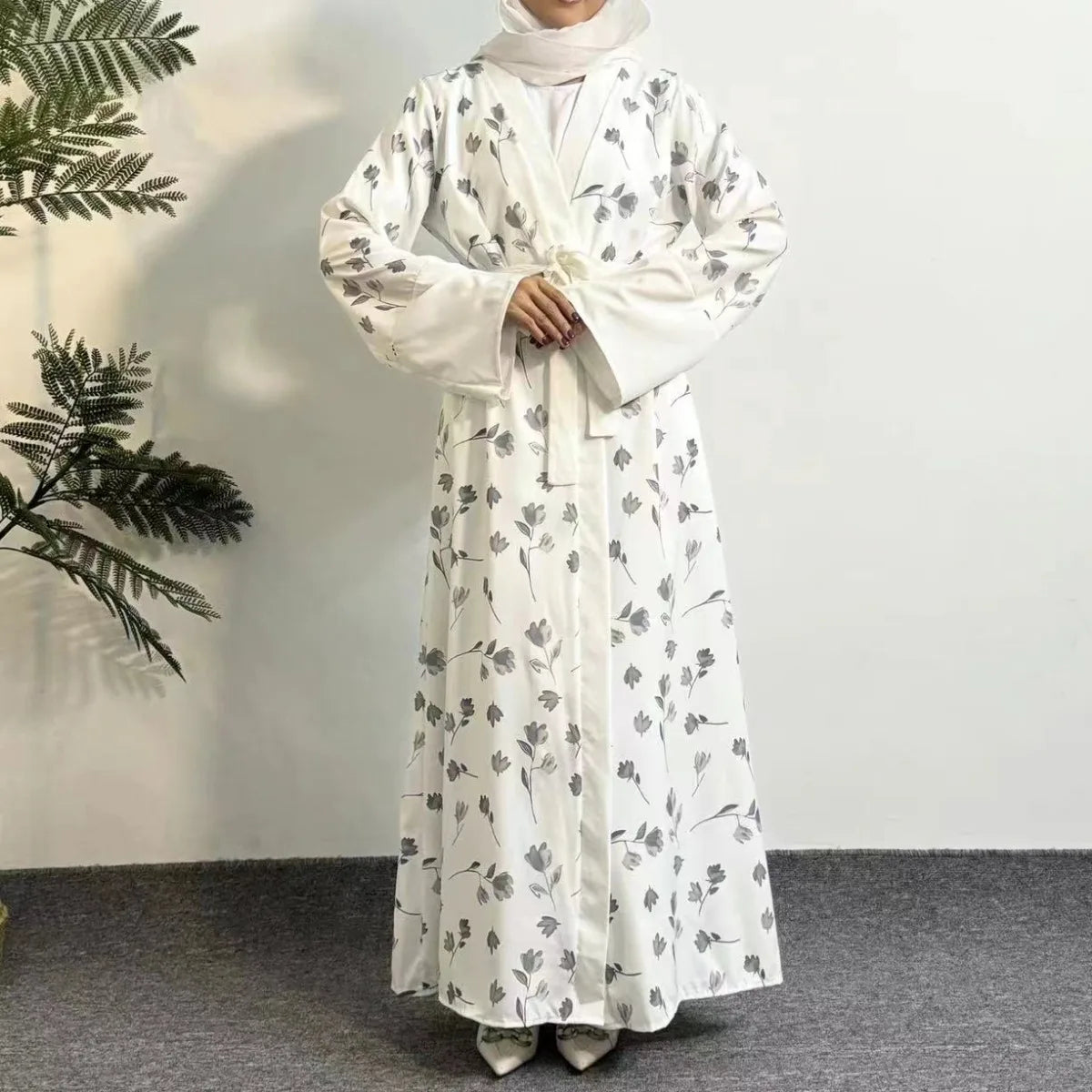 Printed Floral Open Front Abaya,Long Sleeve Maxi Length Dress With Belt Women's Clothing Muslim Abayas Out Kaftans Women Jilbabs