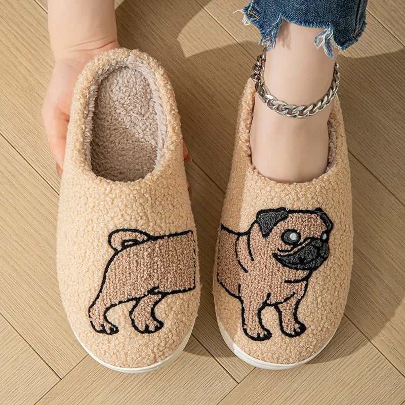 Cartoon Cat Puppy Embroidered Home Slippers Women 2024 Winter Closed Toe Cotton Slippers Woman Non Slip Flat Heels Indoor Shoes