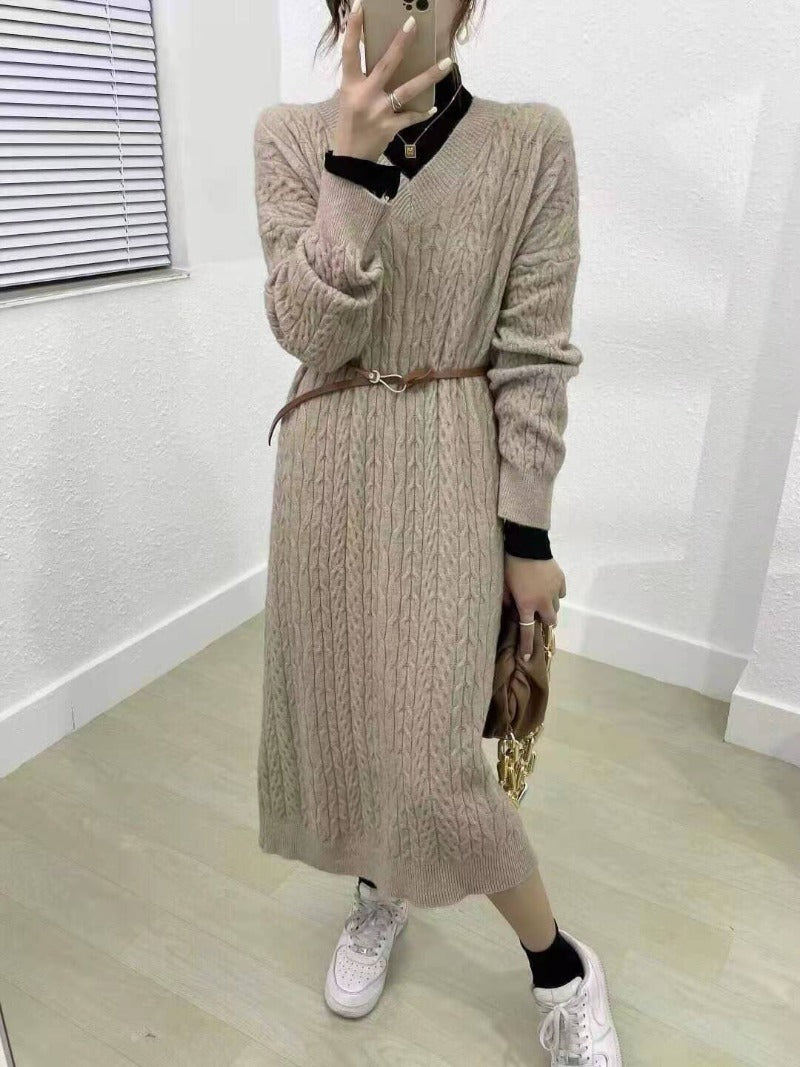 Autumn Winter Sweater Dress Women Kintted Dresses Fashion Female Long Sleeve Elastic V-neck Loose Casual Knitwear Dresses