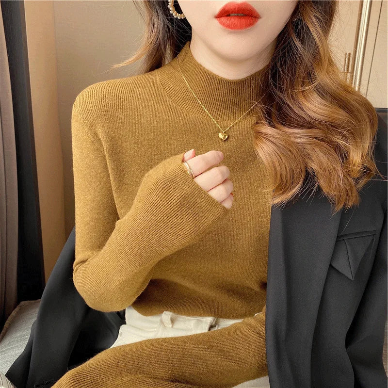 Autumn Winter Women Mock neck Sweaters Pullover Tops Knitwear Fashion Female Long Sleeve Skinny Elastic Casual Knitted Shirts