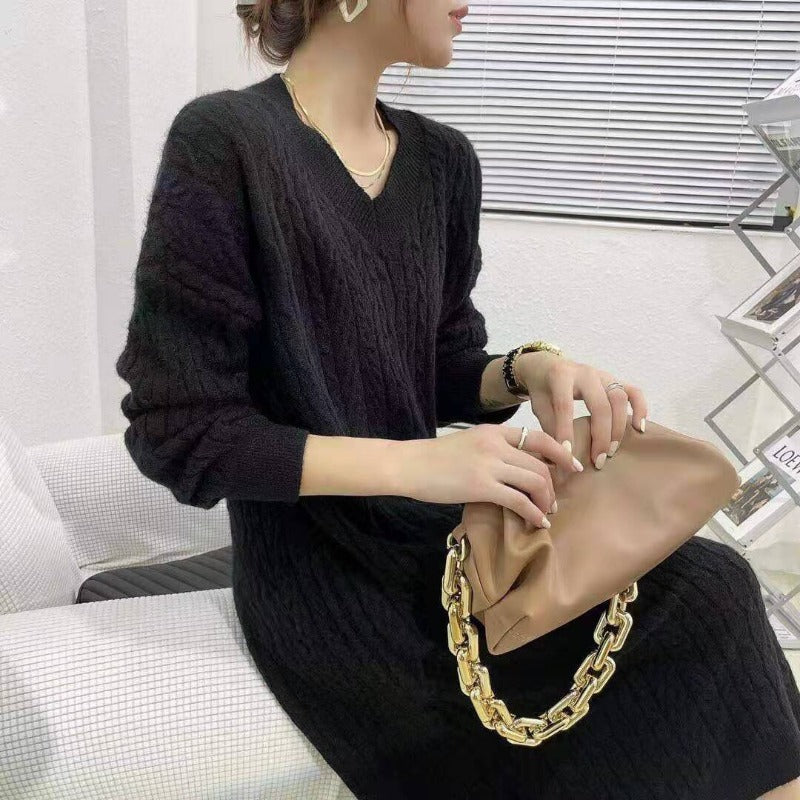 Autumn Winter Sweater Dress Women Kintted Dresses Fashion Female Long Sleeve Elastic V-neck Loose Casual Knitwear Dresses