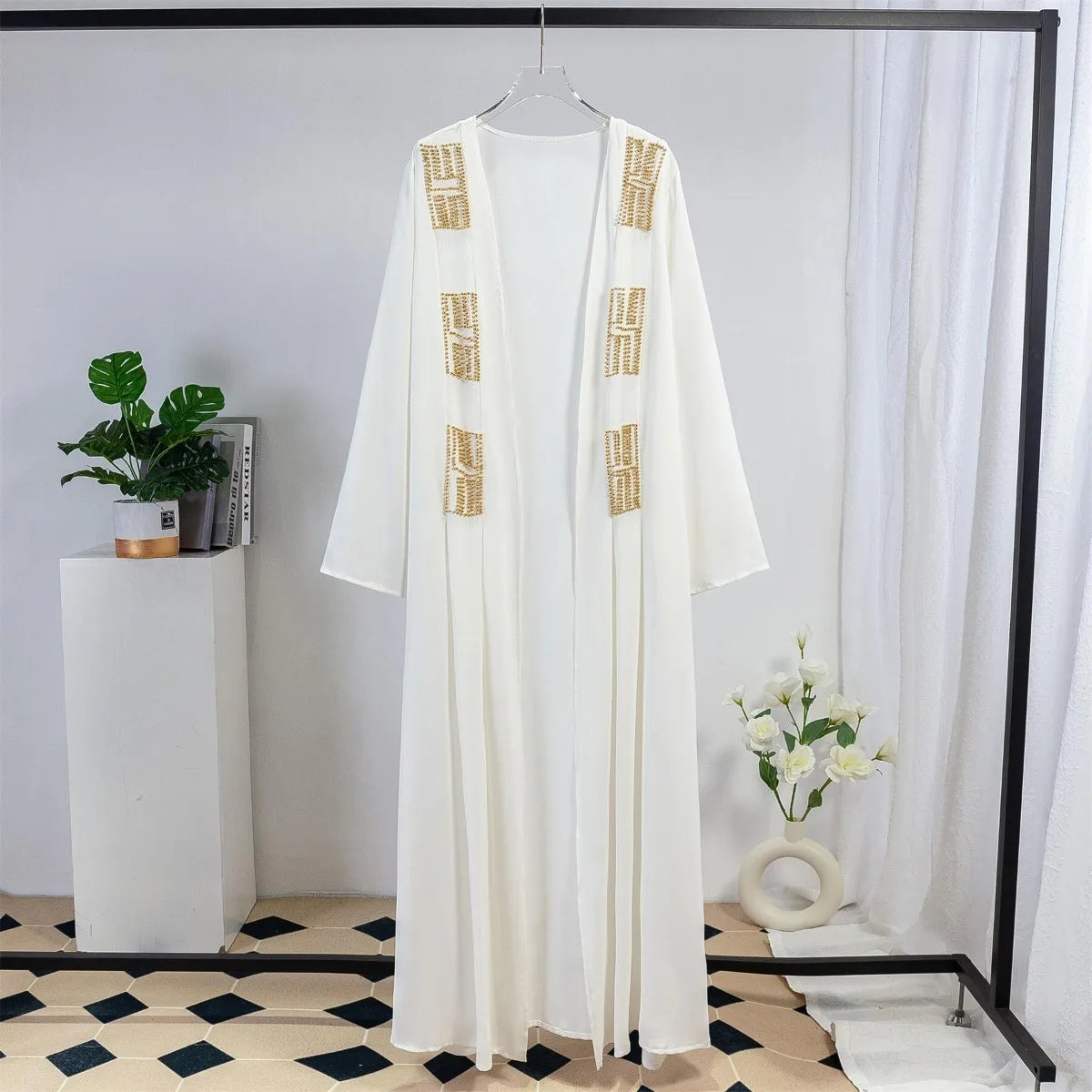 Muslim Kaftans Open Front Abaya Women Maxi Length Dress Islamic Clothing Muslim Long Sleeve Beading AbayasWomen Jilbabs