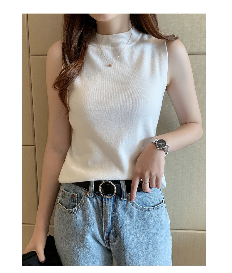 Women's T-Shirts Spring Summer Women Knitted Tank Sleeveless Shirts Tops Female High Elastic Slim Casual Knit T-Shirts Crop Tops