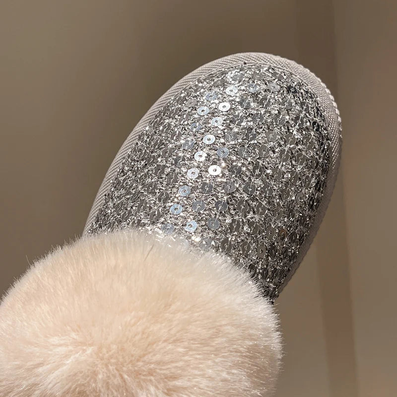 Shiny Sequins Winter Platform Ankle Boots Women 2024 Warm Thicken Plush Snow Boots Woman Non Slip Flat Heels Cotton Padded Shoes