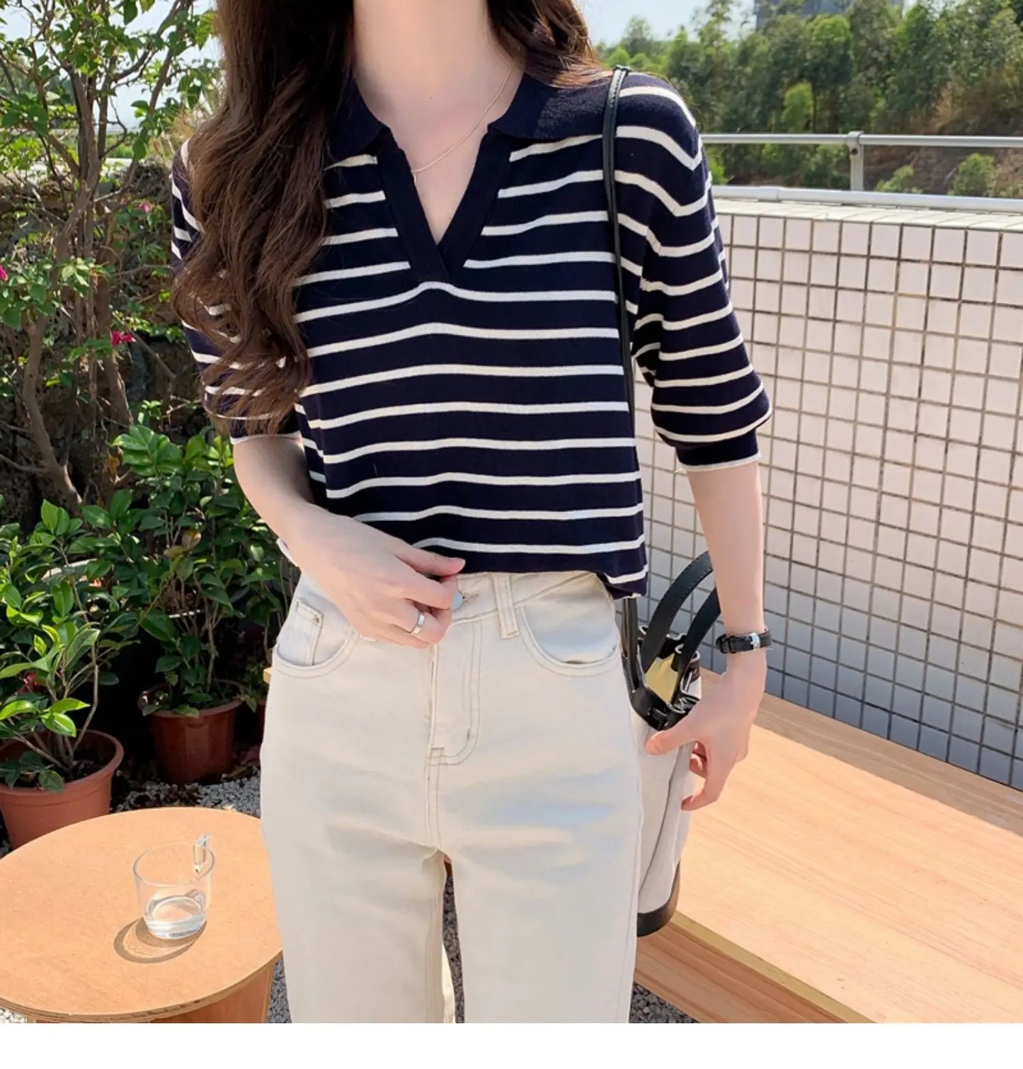 Summer Striped T-Shirt Women Knitted Shirts Pullover Tops Short Sleeve Crop Tops Female Elastic Casual Knit Tee Women's T-Shirts