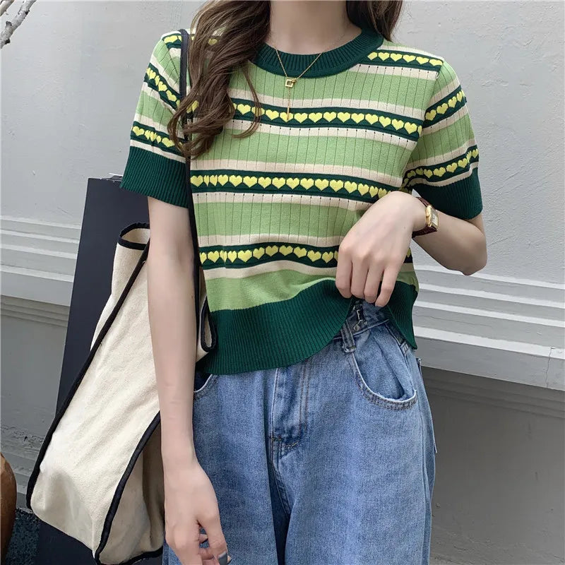 Spring Summer Women Knitted T-Shirts Striped Short Sleeve Shirts Tops Female Elastic Casual Knit Tee Crop Tops Women's T-Shirts