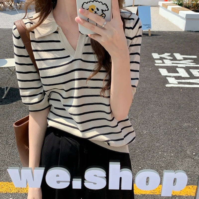 Summer Striped T-Shirt Women Knitted Shirts Pullover Tops Short Sleeve Crop Tops Female Elastic Casual Knit Tee Women's T-Shirts