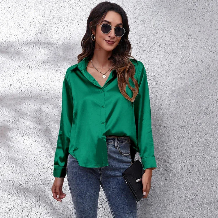 Spring Summer Long Sleeve Women's Silk Shirt Office Ladies Stain Blouses Solid Turn-down Collar Single Breasted Woman Shirts