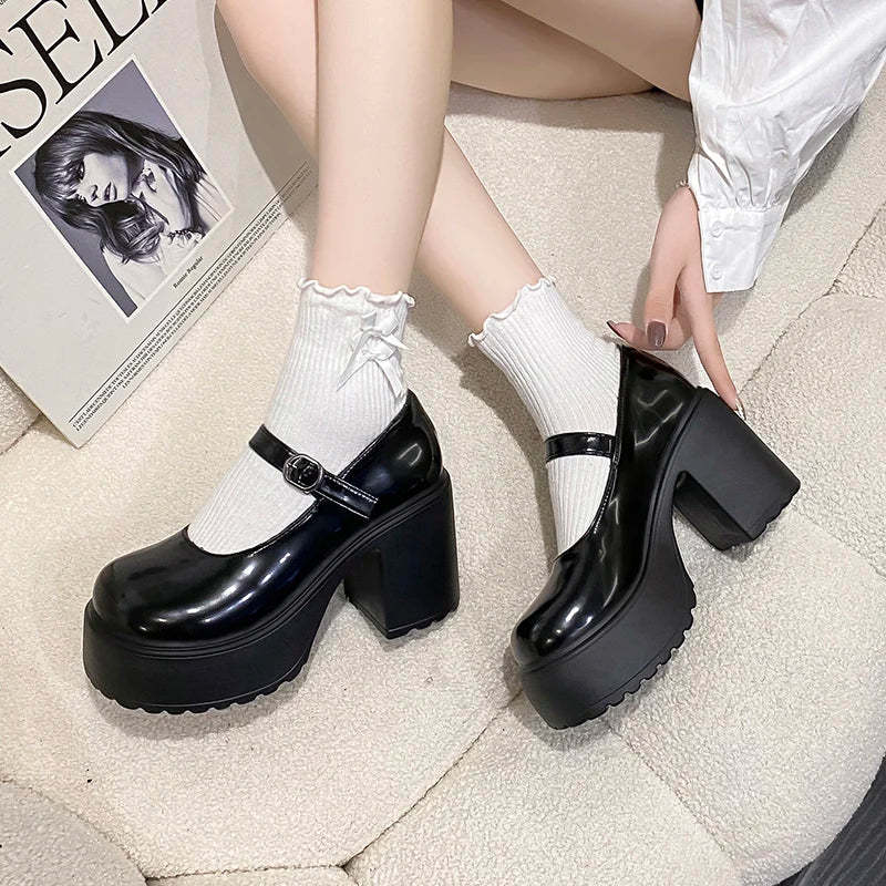 Chunky Platform High Heels Pumps Women 2023 Autumn Pu Leather Ankle Buckle Mary Jane Shoes Woman Thick Heeled White Lolita Shoes