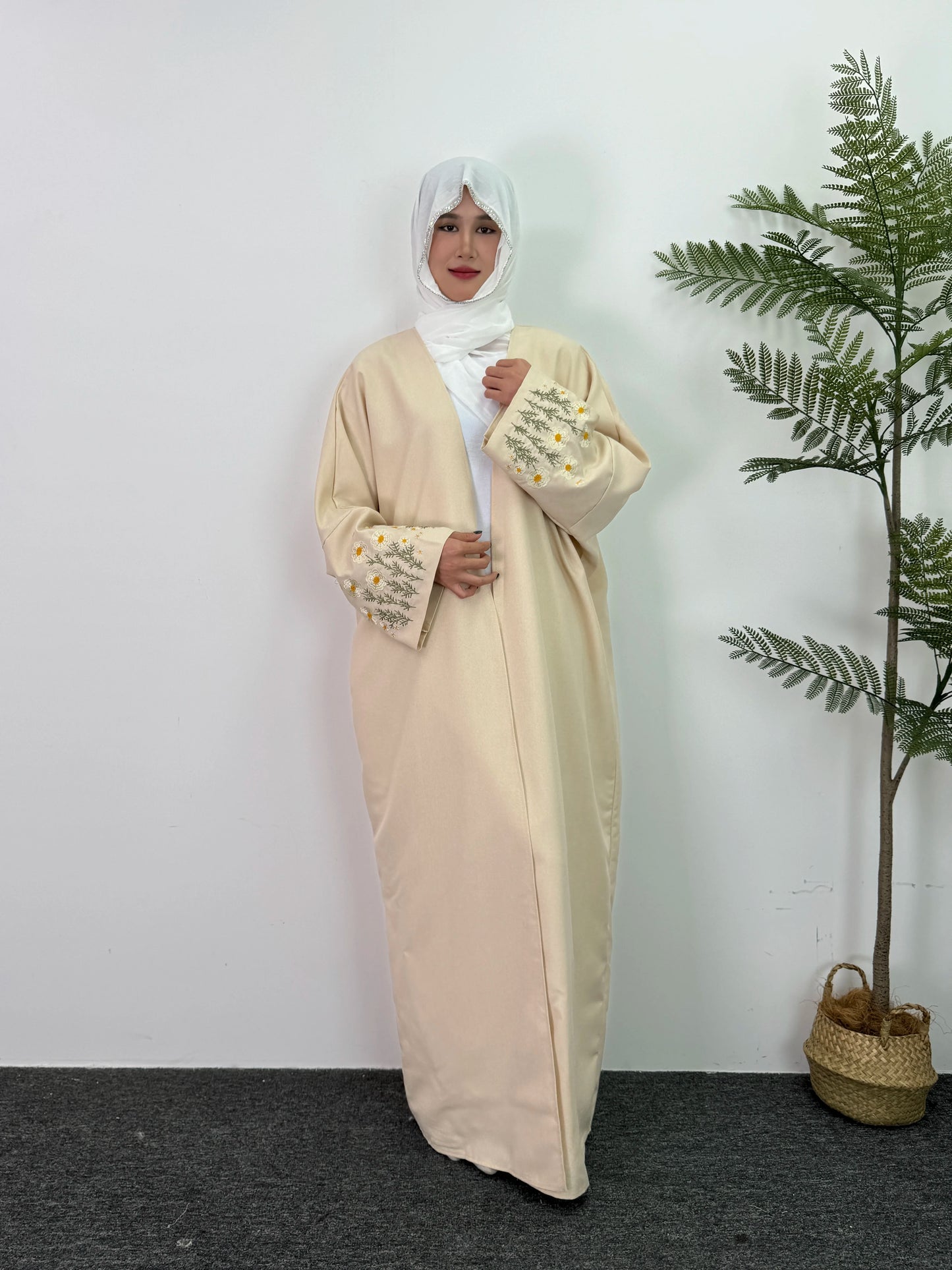 Embroidery Floral Open Front Abaya Women Maxi Length Dress Muslim Abayas Long Sleeve Kaftans Women Jilbabs Women's Clothing