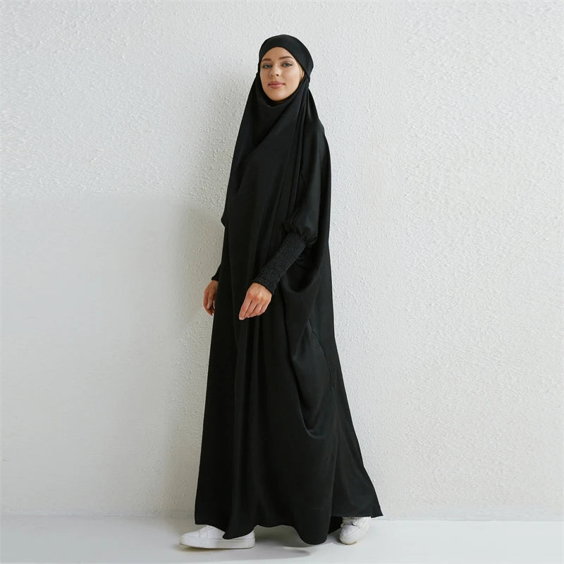 Muslim Abaya Hooded Smocking Sleeve One-piece Prayer Dress Women Jilbab Islamic Clothing Dubai Saudi Black Robe Turkish Modesty