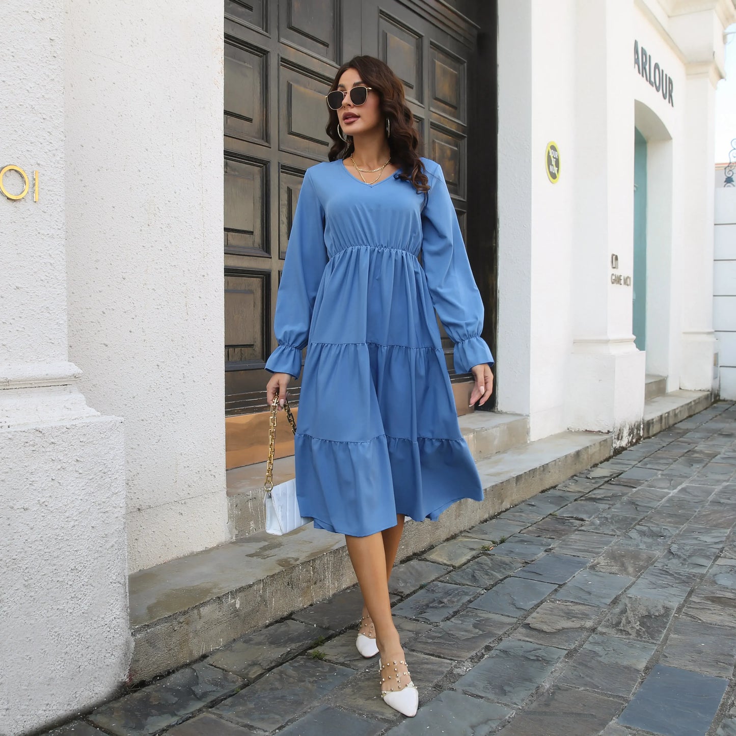 Spring Autumn Sweetheart Neck Women Dresses Office Ladies Chiffon Midi Dresses Mujer Vestidos Puff Long Sleeve A-line Dresses