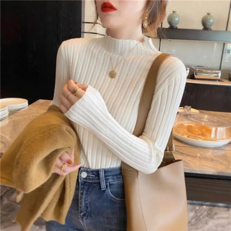 Autumn Winter Knitwear Tops Fashion Female Long Sleeve Skinny Elastic Casual Knitted Shirts Women Mock neck Pullover Sweaters