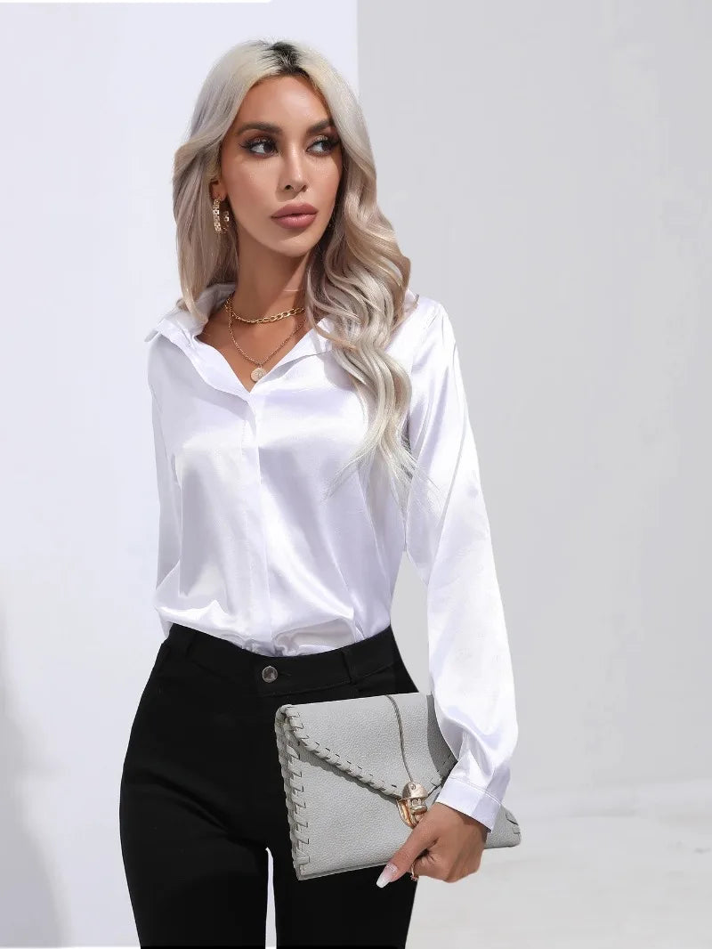 Women's Shirt with Single Breasted Long Sleeve Shirts Spring Summer Silk Shirt Office Lady Satin Turn-down Collar Casual Blouses