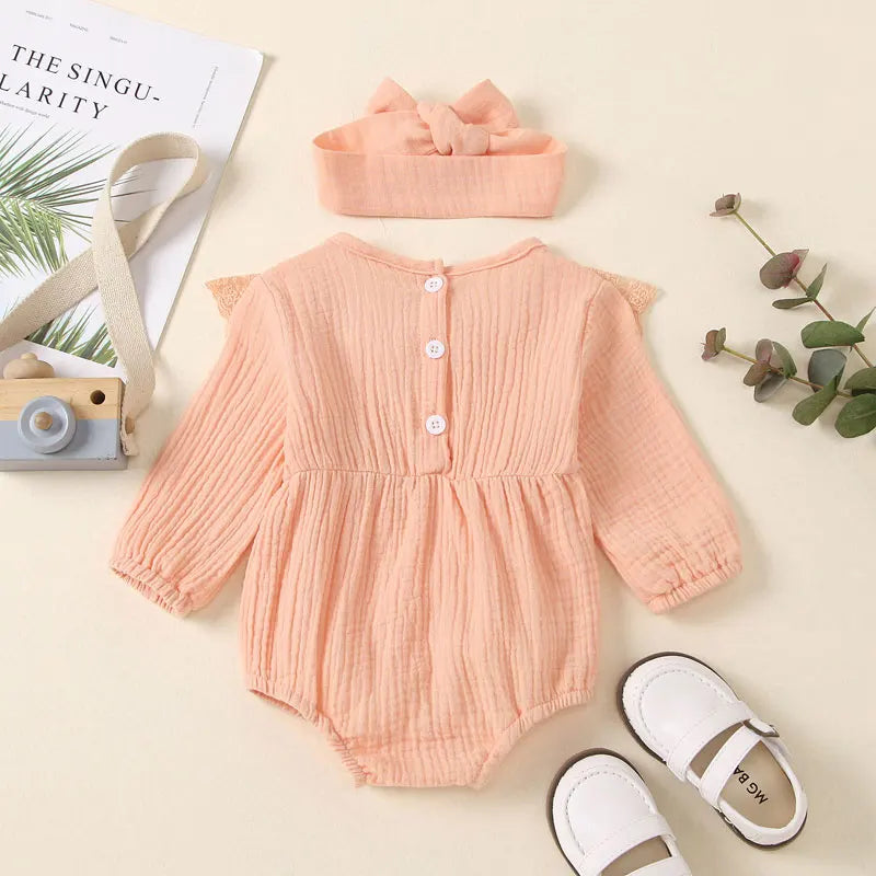 Cotton Linen Baby Girl Clothes Solid Color Newborn Clothes Boys Bodysuits Long Sleeve Tops Scarf Infant Bodysuits 6-24 Months