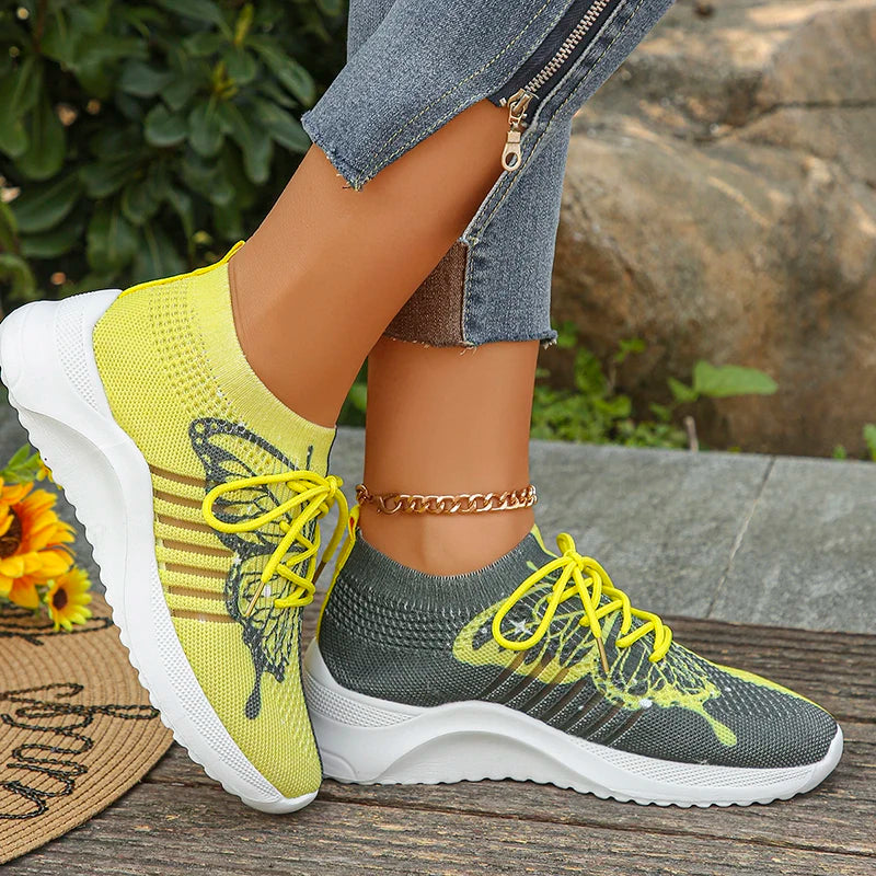 Butterfly Printed Knitted Sneakers Women Lightweight Anti-Slip Breathable Casual Shoes Woman 2024 Fashion Lace Up Tennis Shoes