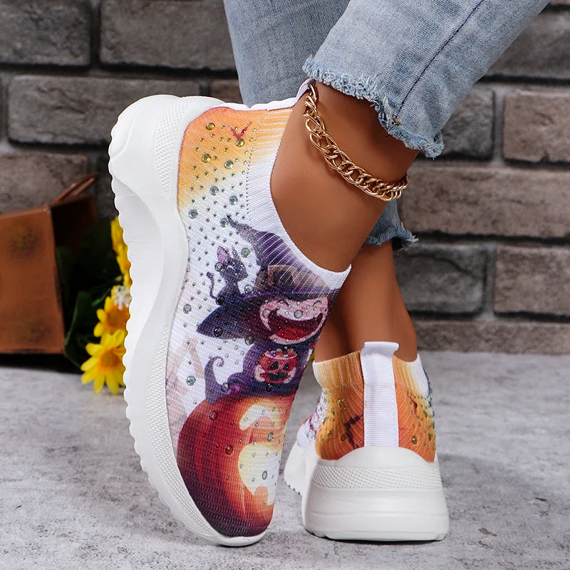 Shiny Crystal Halloween Print Flats Women 2024 Autumn Breathable Knitted Platform Sneakers Woman Soft Sole Non Slip Casual Shoes