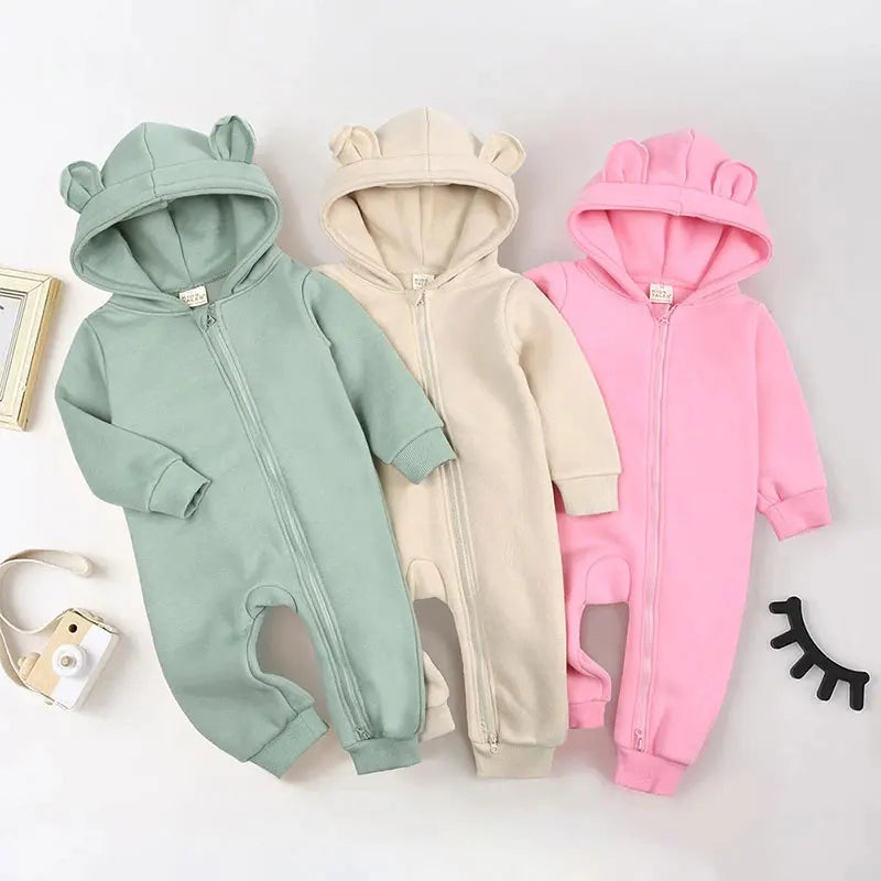 Cartoon Baby Clothes Boys Rompers Long Sleeve Solid Hooded Zipper Baby Girl Romper Winter Warm Newborn Clothing 3-24 Months