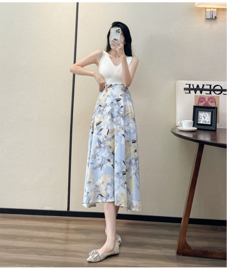 2022 Summer High Waist Women Skirts Casual Floral Printed Chiffon Woman Midi Skirts Bohemian Beach Holiday Long A-line Skirts