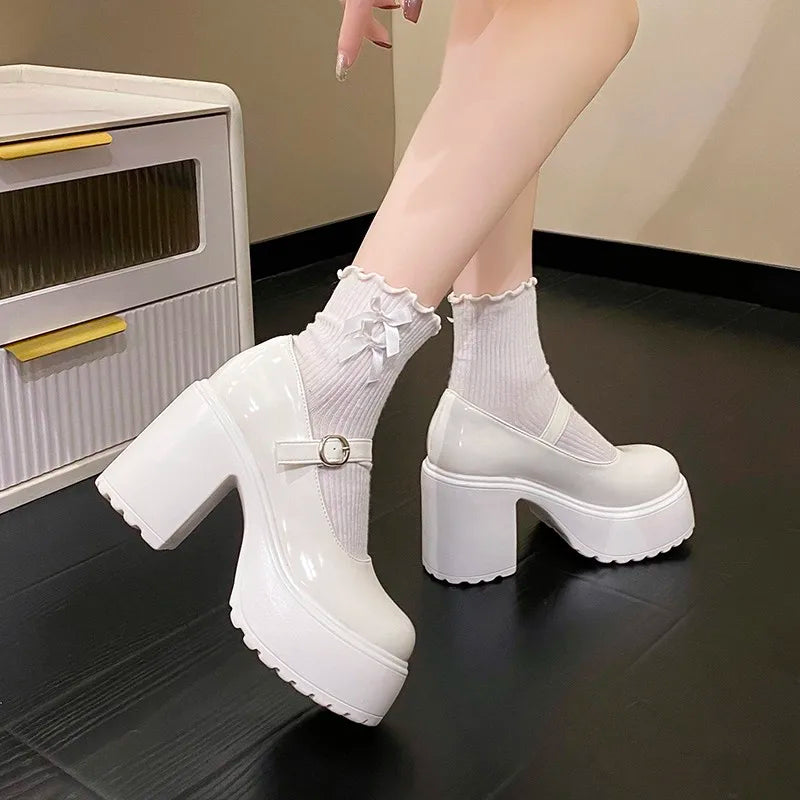 Chunky Platform High Heels Pumps Women 2023 Autumn Pu Leather Ankle Buckle Mary Jane Shoes Woman Thick Heeled White Lolita Shoes