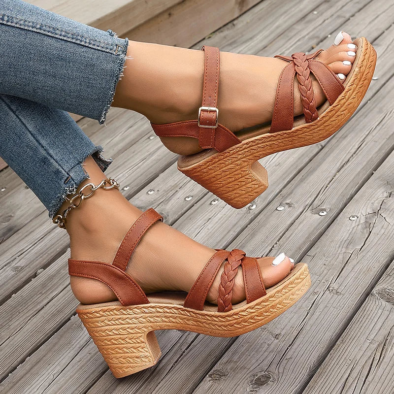 Women's Braided High Heels Sandals 2024 Summer Chunky Platform Gladiator Sandals Woman Ankle Straps Vacation Casual Beach Shoes