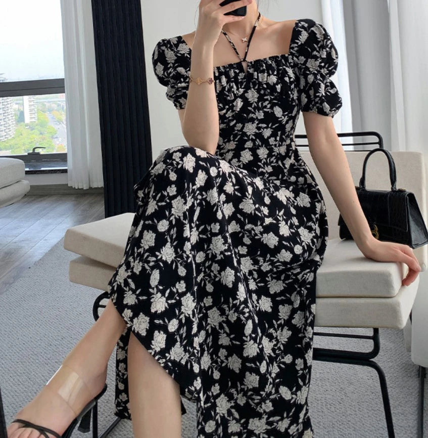 Spring Summer Chiffon Dress Women Casual Dresses Fashion Female Square Collar Short Sleeve Split A-line Dresses Vestidos