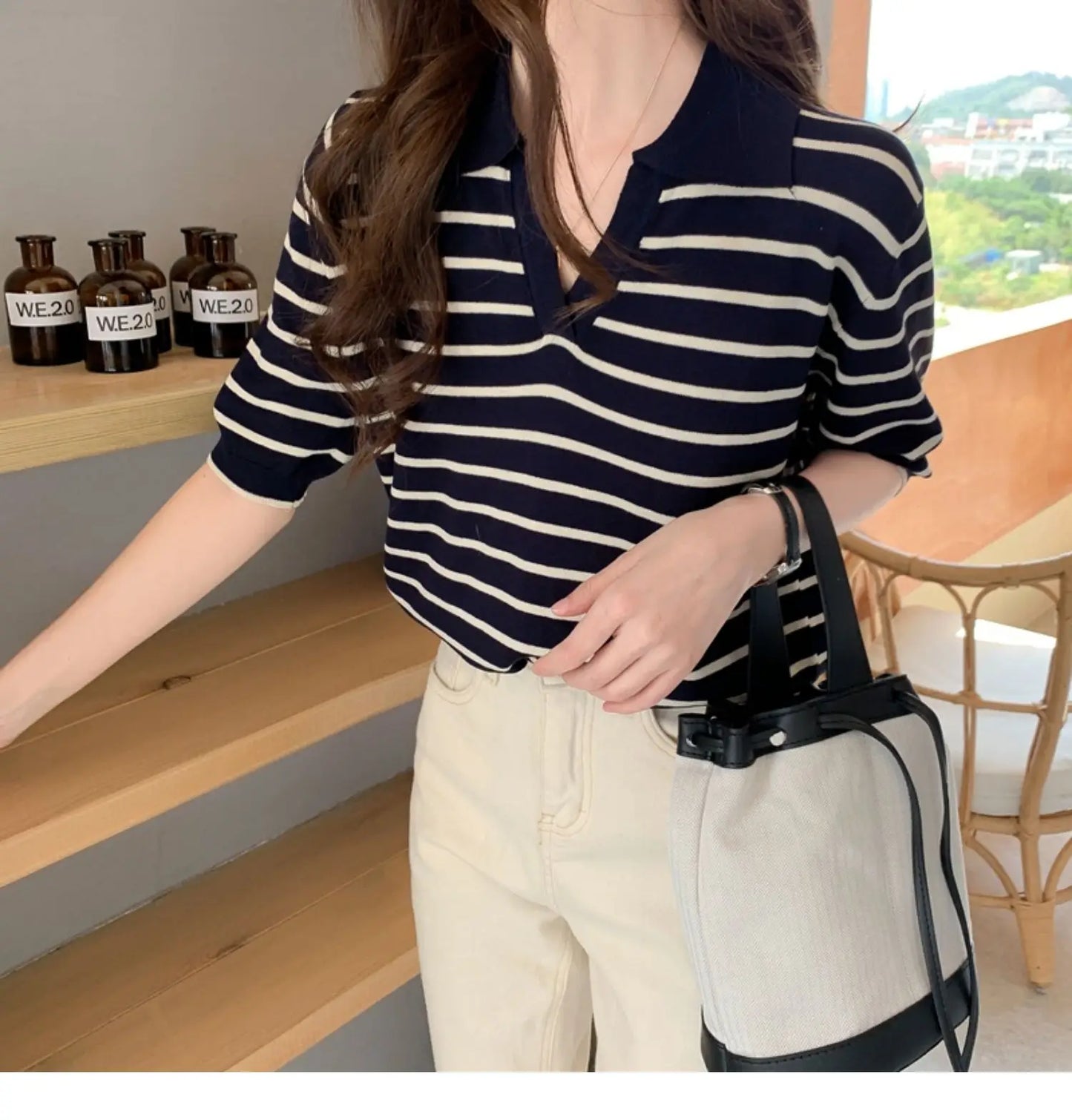 Summer Striped T-Shirt Women Knitted Shirts Pullover Tops Short Sleeve Crop Tops Female Elastic Casual Knit Tee Women's T-Shirts