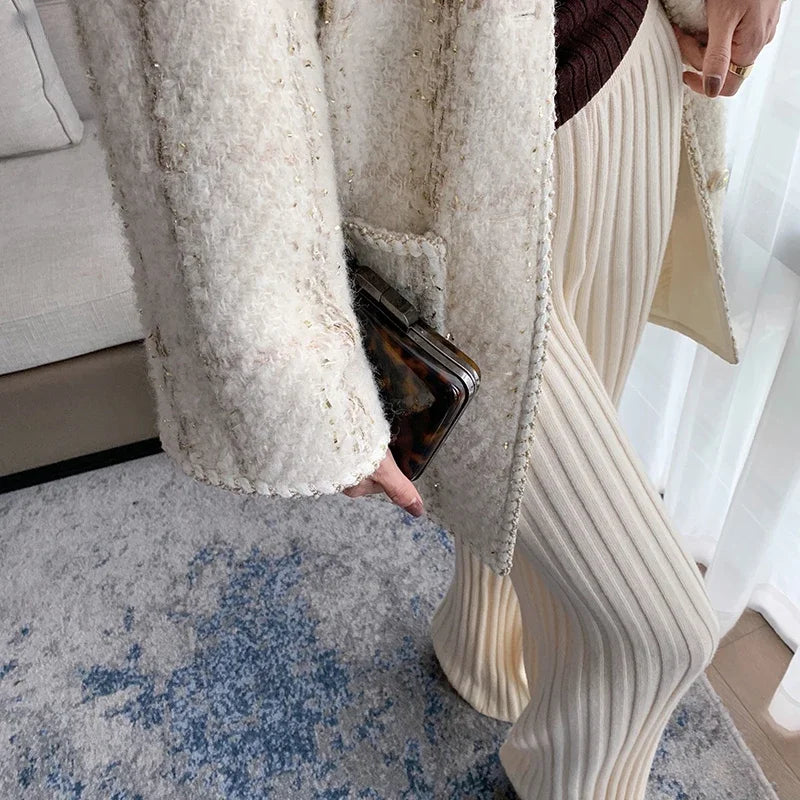 Autumn Winter Casual Thick Knitted Pant Women Long Trousers Elastic High Waist Kniting Wide Leg Pants Striped Pantalon