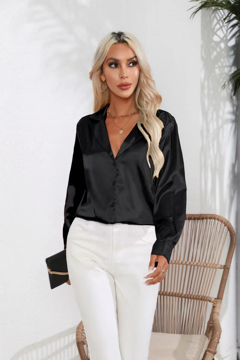 2024 Spring Summer Women Shirts Office Lady Woman Long Sleeve Satin Turn-down Collar Blouse with Single Breasted Female Blouses