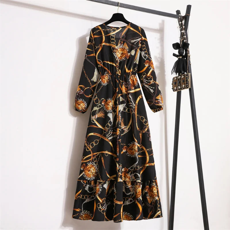 Autumn Spring Chiffon Dresses Fashion Female Full Sleeve Vintage Printed Floral Casual Long Dress Women Maxi Dresses Vestidoes