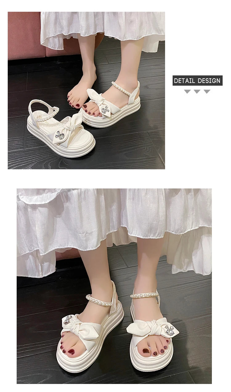 Hot selling sandals for women in summer 2024, new thick soled fairy style pearl beach shoes, soft soled fashion Roman shoes