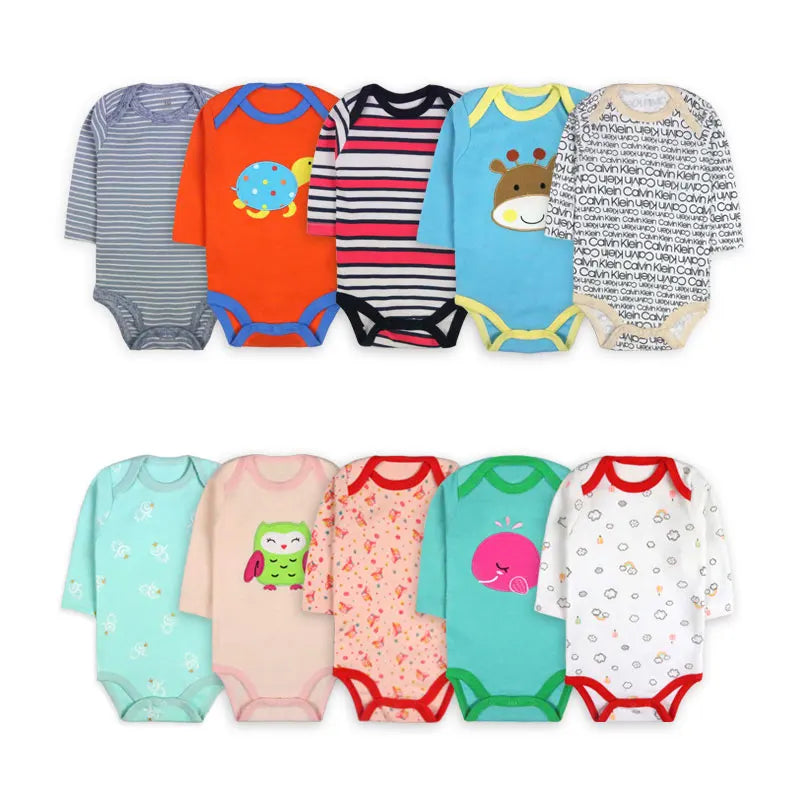 [5 Packs Random style] Cotton Long Sleeve Baby Bodysuit Cartoon Print Newborn Baby Clothes Spring Autumn Infant Jumpsuit