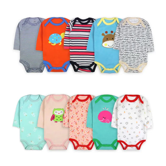 [5 Packs Random style] Cotton Long Sleeve Baby Bodysuit Cartoon Print Newborn Baby Clothes Spring Autumn Infant Jumpsuit