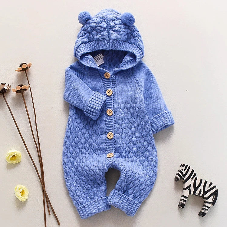 Long Sleeve Hooded Newborn Baby Clothes Knitted Romper Fashoin Solid Color Baby Girl Clothes Winter Warm Infant Clothing