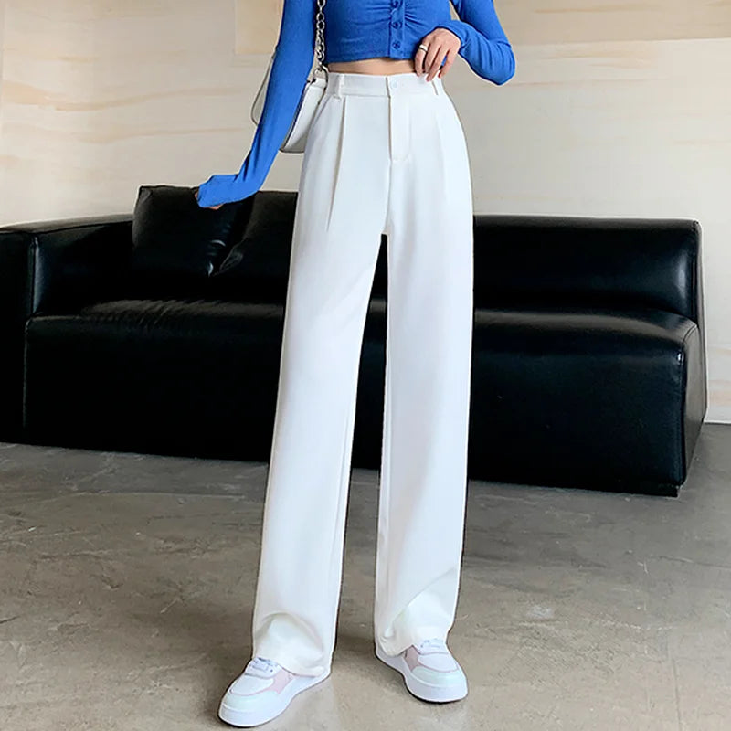 Women High Waist Floor-Length Suits Pants Autumn Winter White Loose Wide Leg Pants Female Office Ladies Straight Long Trousers