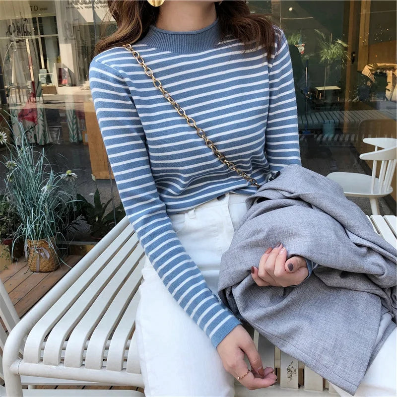 Autumn Winter Women Mock neck Sweaters Pullover Tops Fashion Female Skinny Elastic Long Sleeve Casual Striped Knitted Shirts