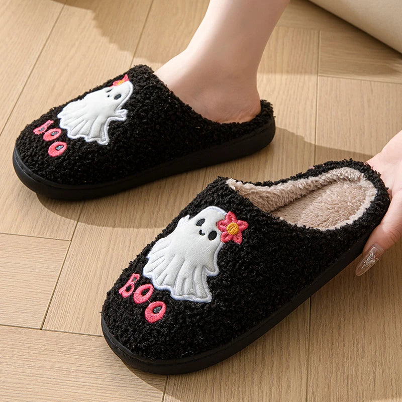 Halloween Cartoon Cotton Slippers Women 2024 Winter Warm Fluffy Fur Home Shoes Woman Flat Heels Indoor Bedroom Plush Slippers