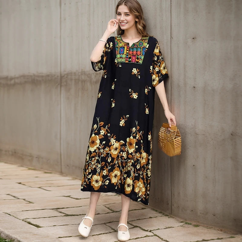 Print Floral Vintage Loose Maxi Dress Women Dresses Summer Spring Fashion Vestidos Poplin Short Sleeve Boho Casual Long Dresses