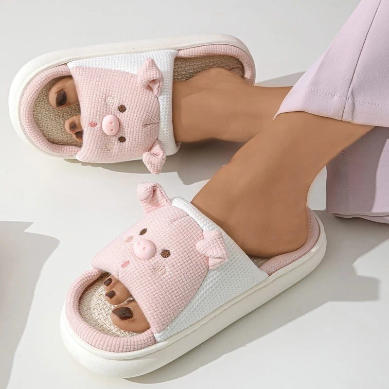 Cute Cartoon Pig Linen Slippers Women 2024 Winter Comfort Soft Sole Funny Cotton Slippers Woman Non Slip Flat Heels House Shoes