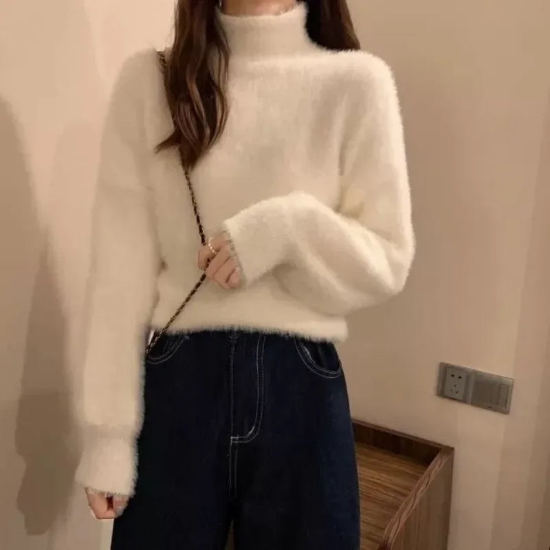 Autumn Winter Women Sweaters Fashion Female Long Sleeve Mock Neck Pullover Knitting Shirts Casual Mohair Knitted Sweater