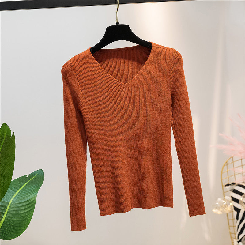 Women Knitted Shirts Fashion Female Autumn Winter Long Sleeve V-neck Skinny Elastic Casual Thin Sweater Pullover Tops Knitwear