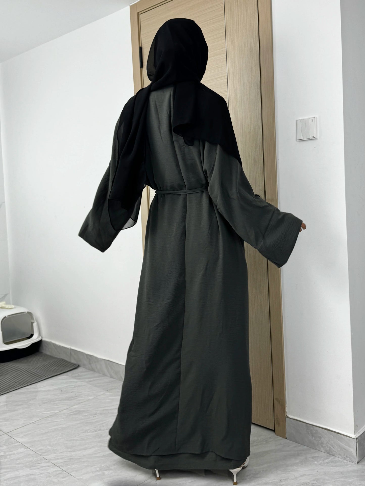 Women Open Front Abaya Muslim Sets Muslim Jilbab Loose Cardigan Coat Sleeveless Inner Dress Two Pieces Prayer Clothing with Belt