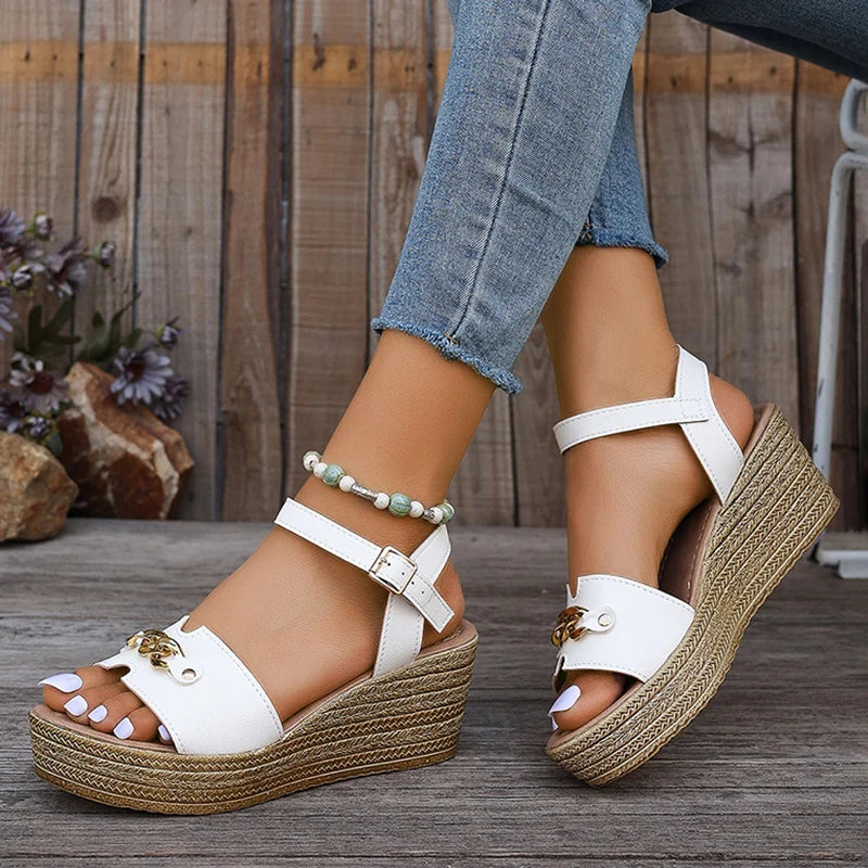 Golded Chain Decor Wedge Heels Sandals Women Ankle Buckle Strap Chunky Platform Sandals Woman Thick Bottom Comfort Summer Shoes